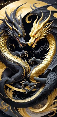 two black and gold dragon sitting next to each other on top of a dark background