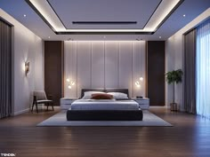 a modern bedroom with wood flooring and white walls is lit by recessed lighting