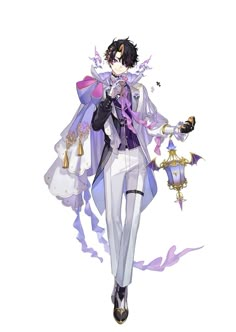 an anime character dressed in white and purple