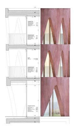 three different views of the interior and exterior of a building with arched windows, stairs, and balconies