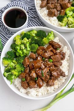 two bowls filled with beef and broccoli on top of rice next to a cup of coffee