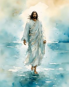 jesus walking in the water with his arms wrapped around him