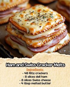 ham and swiss cracker melts are stacked on top of each other with cheese