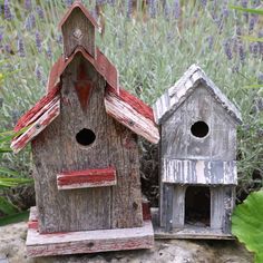 two wooden birdhouses sitting on top of a rock next to lavender plants and flowers