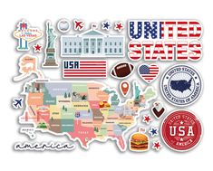 the united states with stickers on it