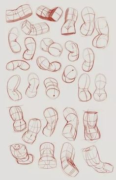 a bunch of different types of feet drawn in red pencil on a white paper with the words