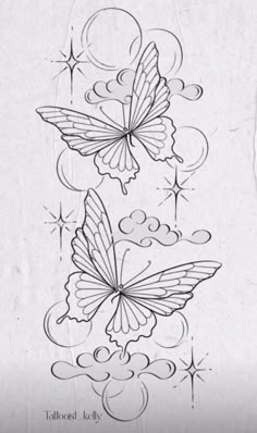 two butterflies flying in the sky with clouds and stars around them, one is drawn on paper