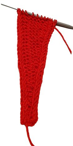 a red knitted object is hanging on a clothes line with a knitting needle in it