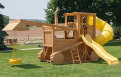 a wooden play structure with a yellow slide