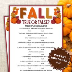 a printable fall true or false game with pumpkins and leaves