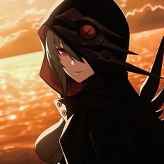 an anime character with long black hair and red eyes, wearing a hoodie in front of a sunset