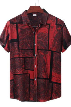 Shirt Men's Fashion Red Tops With Casual Collar For Summer, Cotton Shirt With Graphic Print And Casual Collar, Summer Printed Shirt With Casual Collar, Trendy Printed Short Sleeve Shirt For Spring, Fitted Printed Short Sleeve Shirt For Vacation, Casual Collar Cotton Short Sleeve Shirt For Beach, Casual Collar Short Sleeve Cotton Shirt For Beach, Printed Cotton Tops With Casual Collar, Printed Cotton Top With Casual Collar