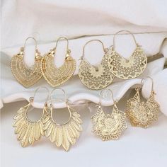 Set Of 4 Pair- Gold Geometric/Floral Dangle Earrings. New Gold Filigree Earrings, Vintage Drop Earrings, Filigree Earrings, Leaf Jewelry, Gold Filigree, Gold Geometric, Floral Earrings, Flower Jewellery, Pearl Drop Earrings