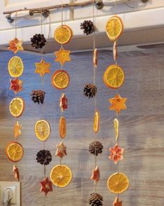 orange slices and pine cones are hanging from the ceiling