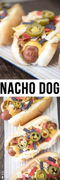 three hotdogs on buns with toppings and the words nacho dog above them