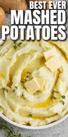 mashed potatoes in a white bowl with butter and parsley on top, text overlay reads the best mashed potatoes