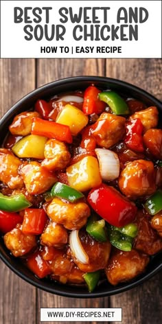 the best sweet and sour chicken recipe in a black bowl on top of a wooden table