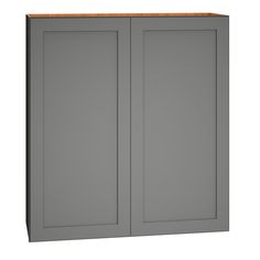 a gray cabinet with two doors on the front and one door open to reveal something