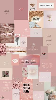 a collage of pink and white images