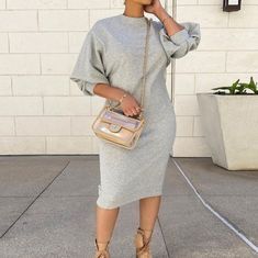 Round Neck, Lantern Sleeve Dress. Fits Like A Large. 95 Percent Polyester 5 Percent Spandex Grey Dress Outfit, Casual Dress Midi, Plus Size Midi Dress, Hoodie Sweatshirt Dress, Outdoor Vacation, Casual Wear Dress, Vintage Summer Dresses, Lantern Sleeve Dress, Grey Dress