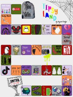 an image of a halloween poster with words and pictures on the front, in different colors