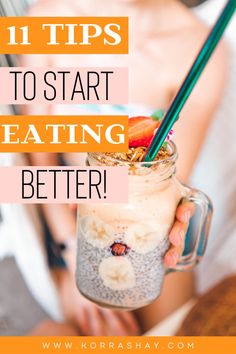 a woman holding a mason jar filled with chia seed pudding and topped with strawberries