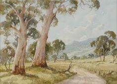 a painting of a dirt road surrounded by trees