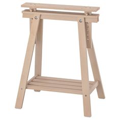 a wooden table with two shelves on the bottom and one shelf below it, against a white background