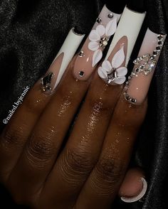 Love doing 3D flowers😩🤍 . . . Dm to book!💖 @nailed.byjennie #longnails #whitenails #ombrenails #blingnails #3dflowernails #frenchnails #nailsnailsnails #nailsofinstagram #nailart #viralnails #viralposts #fresnonails #fresnonailtech #explorepage 3d Flower Nails With Diamonds, Black Nails 3d Flowers, Nail 3d Flowers, White Gold Acrylic Nails, 3d Acrylic Flowers Nails, Nail Ideas 3d Flowers, 3d Nail Ideas, Nails With Flowers 3d, White 3d Flower Nails