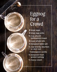 three glasses of eggnog for a crowd on a wooden table with text overlay