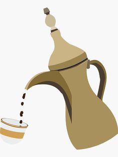 an illustration of a tea kettle pouring coffee into a cup with the lid open and saucer nearby