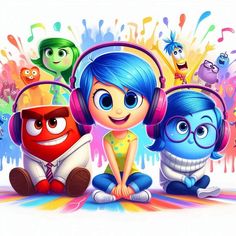 cartoon characters with headphones on sitting in front of colorful paint splattered background