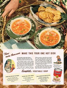 an old advertisement for vegetable soup and crackers from the 1950's, featuring two bowls of food