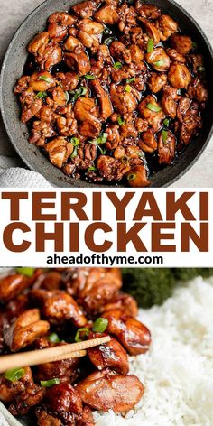 teriyaki chicken in a skillet with rice and chopsticks on the side