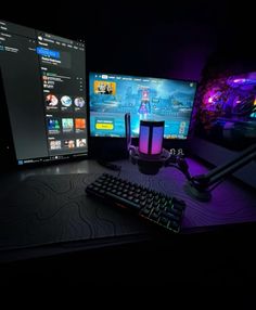 a computer desk with two monitors, keyboard and mouse in the dark lit up area