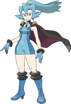 an anime character with blue hair and black boots, holding her arms out to the side