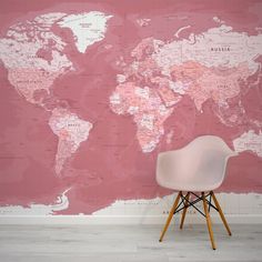 Pink World Map Wallpaper with a Pink Eames Chair Pink World Map Wallpaper, Atlas Wallpaper, Etched Wallpaper, Pink World Map, Seaside Wallpaper, Tropical Art Deco, Pink Color Palette, World Atlas, Scandinavian Wallpaper