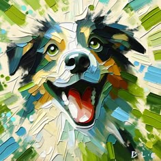 an abstract painting of a dog's face with its mouth open