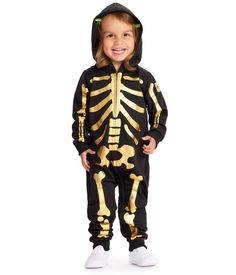 A girl can be two things at once. Spooky and sparkly? Absolutely. Teach her the Halloween ropes early in the Toddler Girl's Gold Skeleton Costume! As classic as the holiday gets, now in a slightly upgraded color scheme. Boys Skeleton Costume, Skeleton Costume Women, Gold Skeleton, Funny Couple Halloween Costumes, Toddler Girl Halloween, Family Sweater, Costume Toddler, Skeleton Halloween Costume, Girls Halloween Outfits