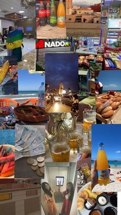 a collage of photos with food and drinks