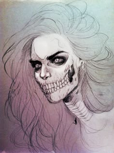 a drawing of a woman's face with long hair and skull makeup on it