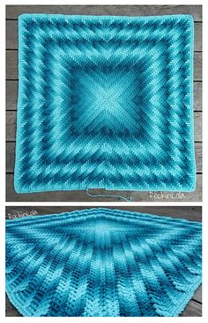 two pictures showing the same pattern as they appear to be knitted in blue yarn