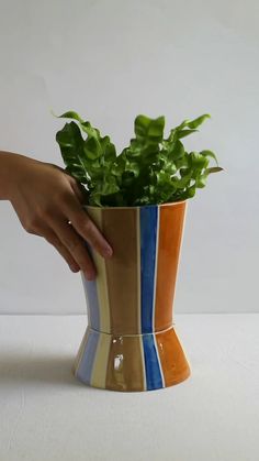 a hand is holding a plant in a striped ceramic vase on a white table top