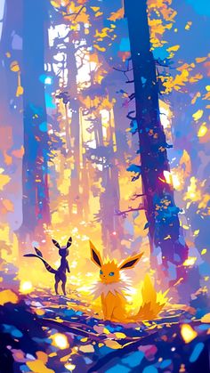 an image of pokemon in the woods with trees and sunlight coming through it, as if they