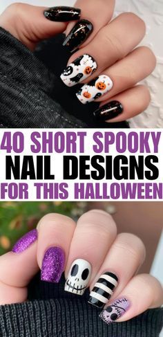 Halloween Nail Art For Short Nails, Witchy Nails Short, Short Witchy Nails, October Nails Ideas, Fall October Nails, Witchy Nail Art, Almond Ideas, Spooky Nail Art, Nail Art Almond