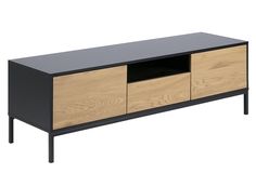 a black and oak tv stand with two doors on one side and an open drawer on the other