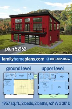 two story house plan with floor plans and measurements for each level, from the front to the back