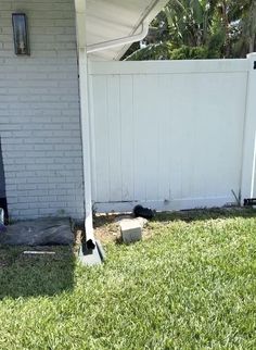 the back yard is fenced off and has grass in front of it, along with a white picket fence