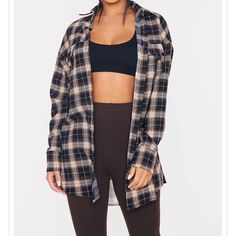 Prettylittlething Plaid Oversized Shirts In Size 2 Brand New With Tag Crop Top And Jeans, Top And Jeans, Brown Crop Top, Black Button Down Shirt, Petite Blouses, Size 12 Women, Pleated Shirt, Orange Blouse, Petite Tops