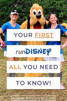 two women standing next to each other in front of a sign that says, your first run disney all you need to know